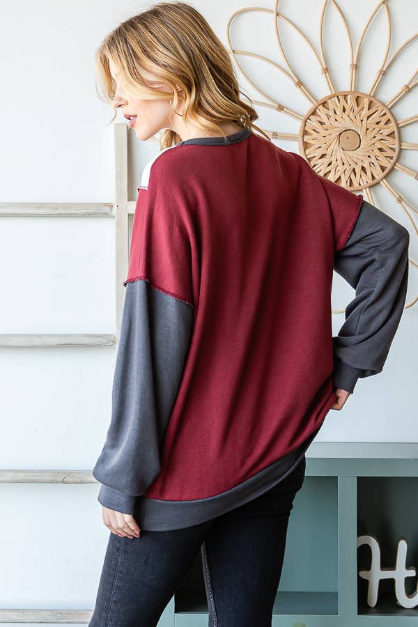 7th Ray - Wholesale Knit Top - Women's - Color Block Front Pocket Oversized Long Sleeve Top T53456