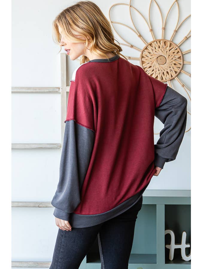 7th Ray - Wholesale Knit Top - Women's - Color Block Front Pocket Oversized Long Sleeve Top T53456