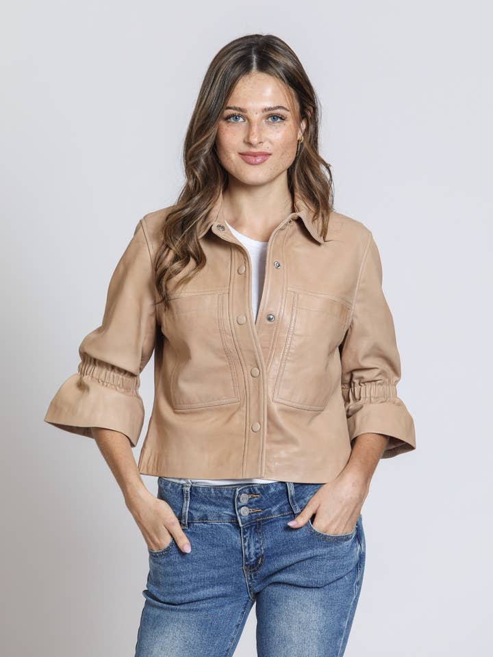 Snap Front Crop Jacket W/Flounce Sleeve - Beige for wholesale by APNY