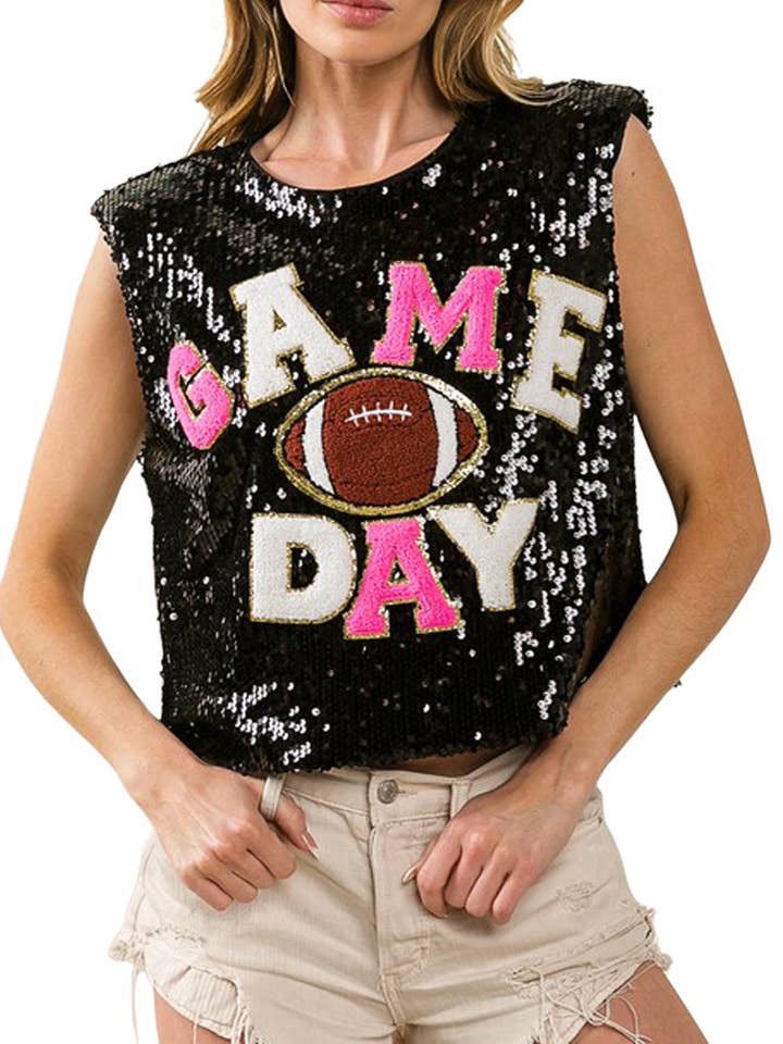 Game Day And Football Patches Sequin Top for wholesale by Vanilla Monkey