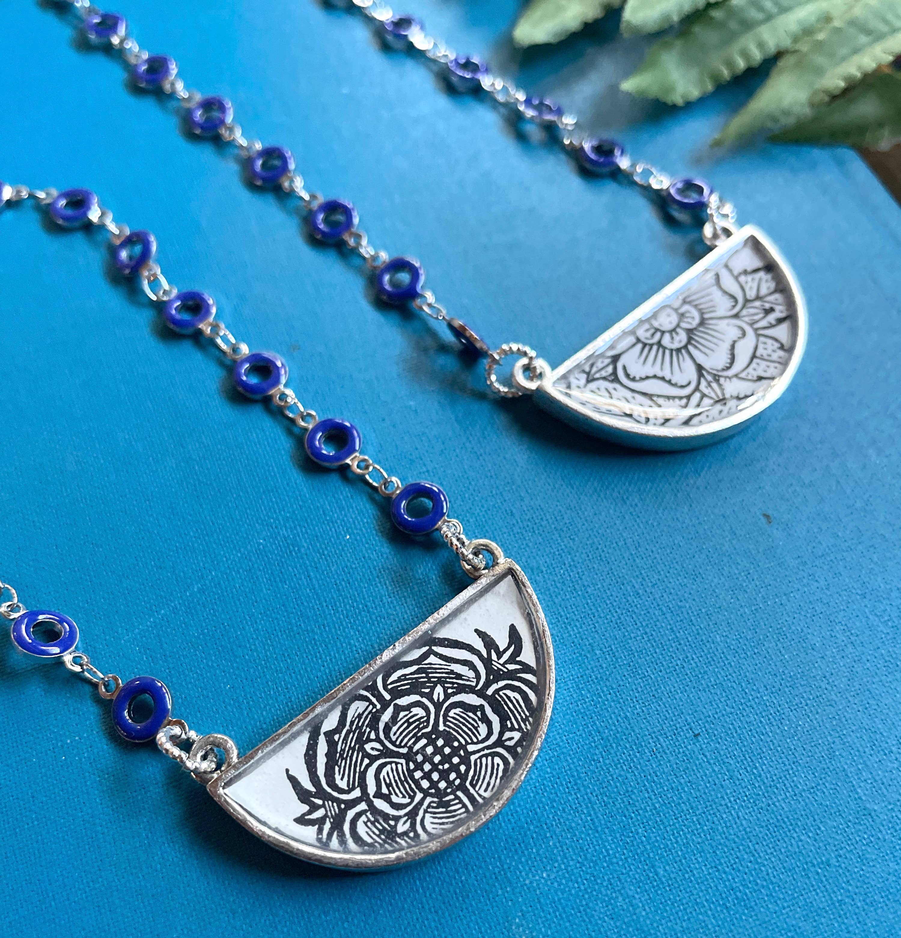 joeyfivecents - Wholesale Pendant/charm necklace - Art Deco Demi crescent necklace- b&w botanicals cobalt chain0