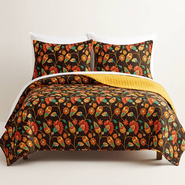 DaDa Bedding Marigold’s Floral Brown Yellow Botanical Garden Quilted Bedspread Set (HS-3330) for wholesale by DaDalogy Bedding