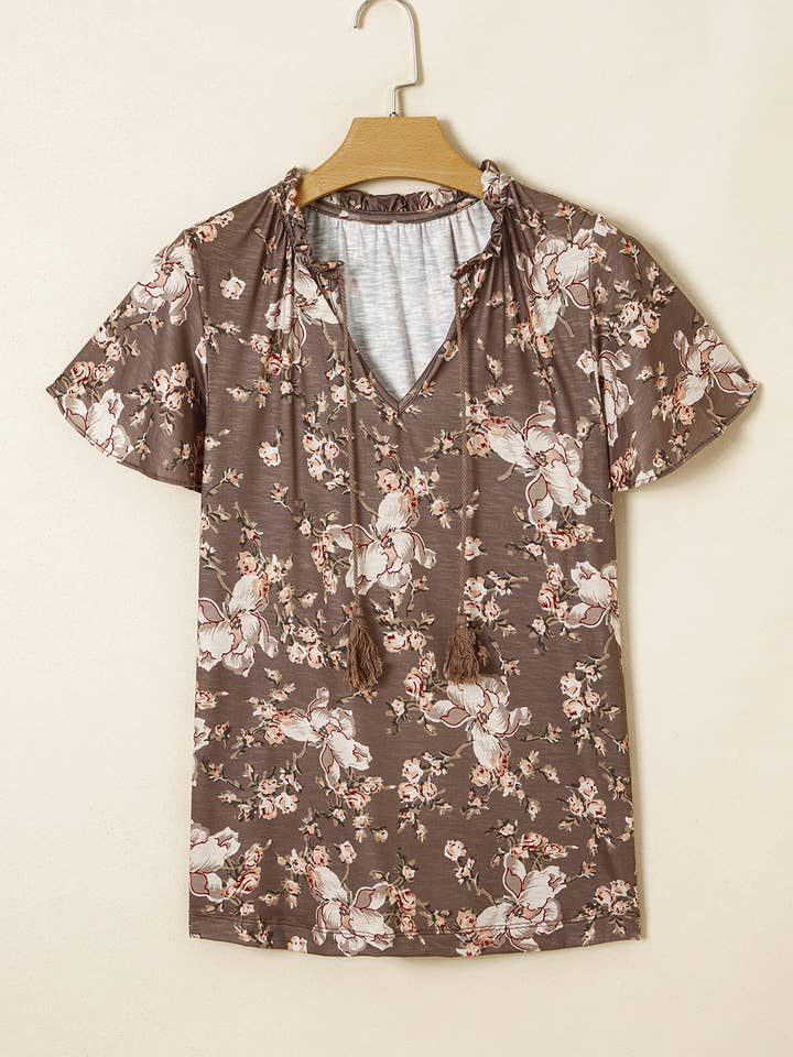 Khaki Retro Floral Print Tassel Tie Split Neck Short Sleeve Blouse for wholesale on Faire