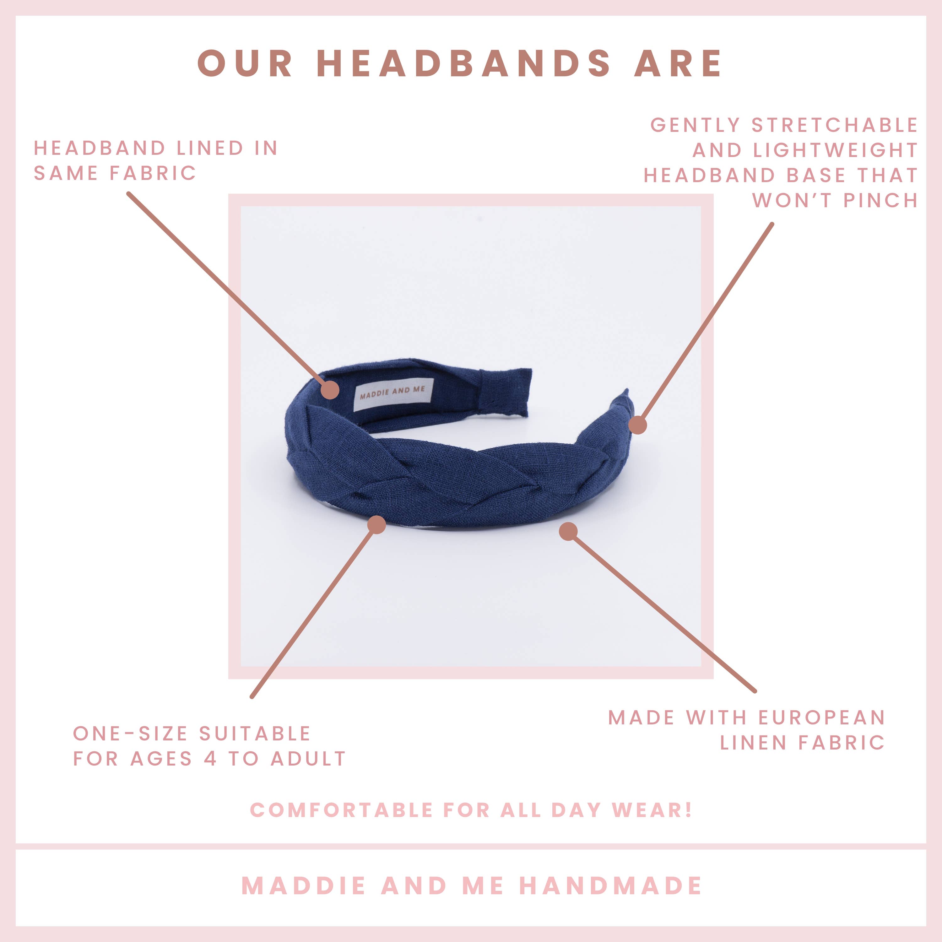 Maddie and Me Handmade - Wholesale Fashion Headband - Women's - Navy Blue Braided European Linen Headband | Neutral Headband3