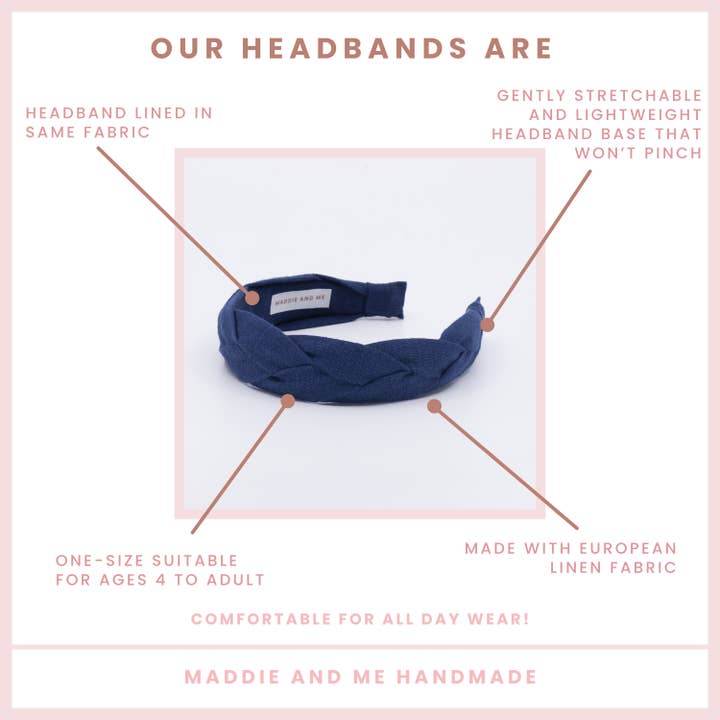 Maddie and Me Handmade - Wholesale Fashion Headband - Women's - Navy Blue Braided European Linen Headband | Neutral Headband3