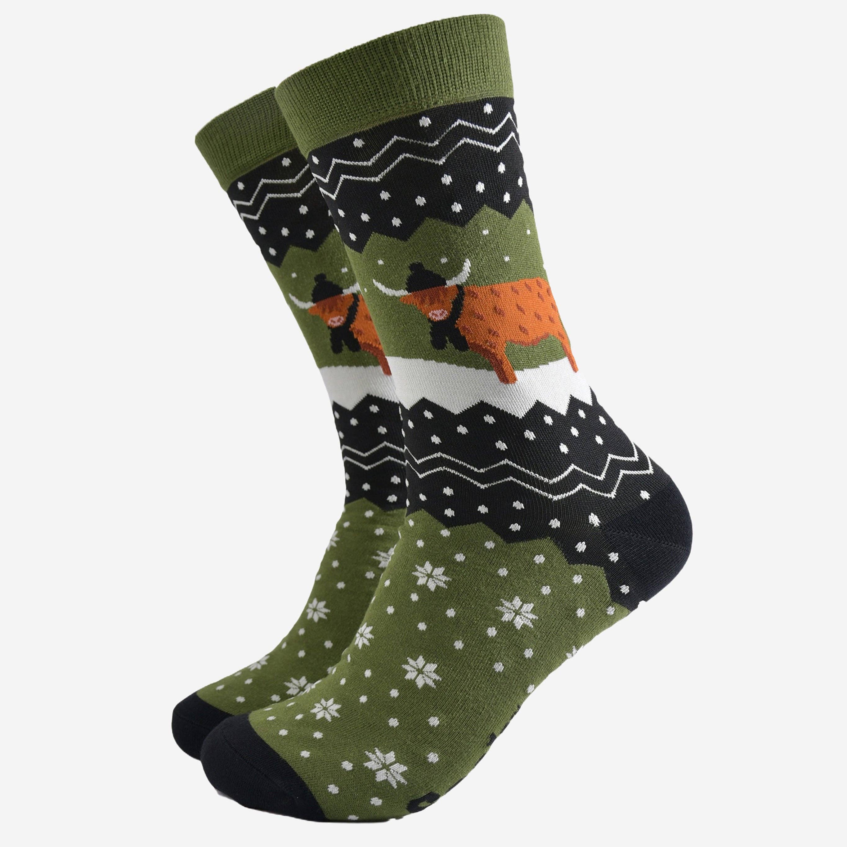 Sock Talk - Wholesale Socks - Men's - Men's Bamboo Socks - Green/Black, Winter Highland Cow0