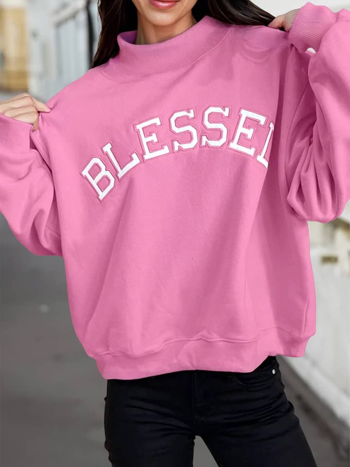 Blessed Letter Embroidered Mock Neck Sweatshirt | S-XL for wholesale by Aapparella