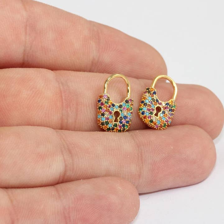 QueenJewelryM - Wholesale Pendant/Charm Necklace - 24k Shiny Gold Lock Charms, CZ Lock Beads,0