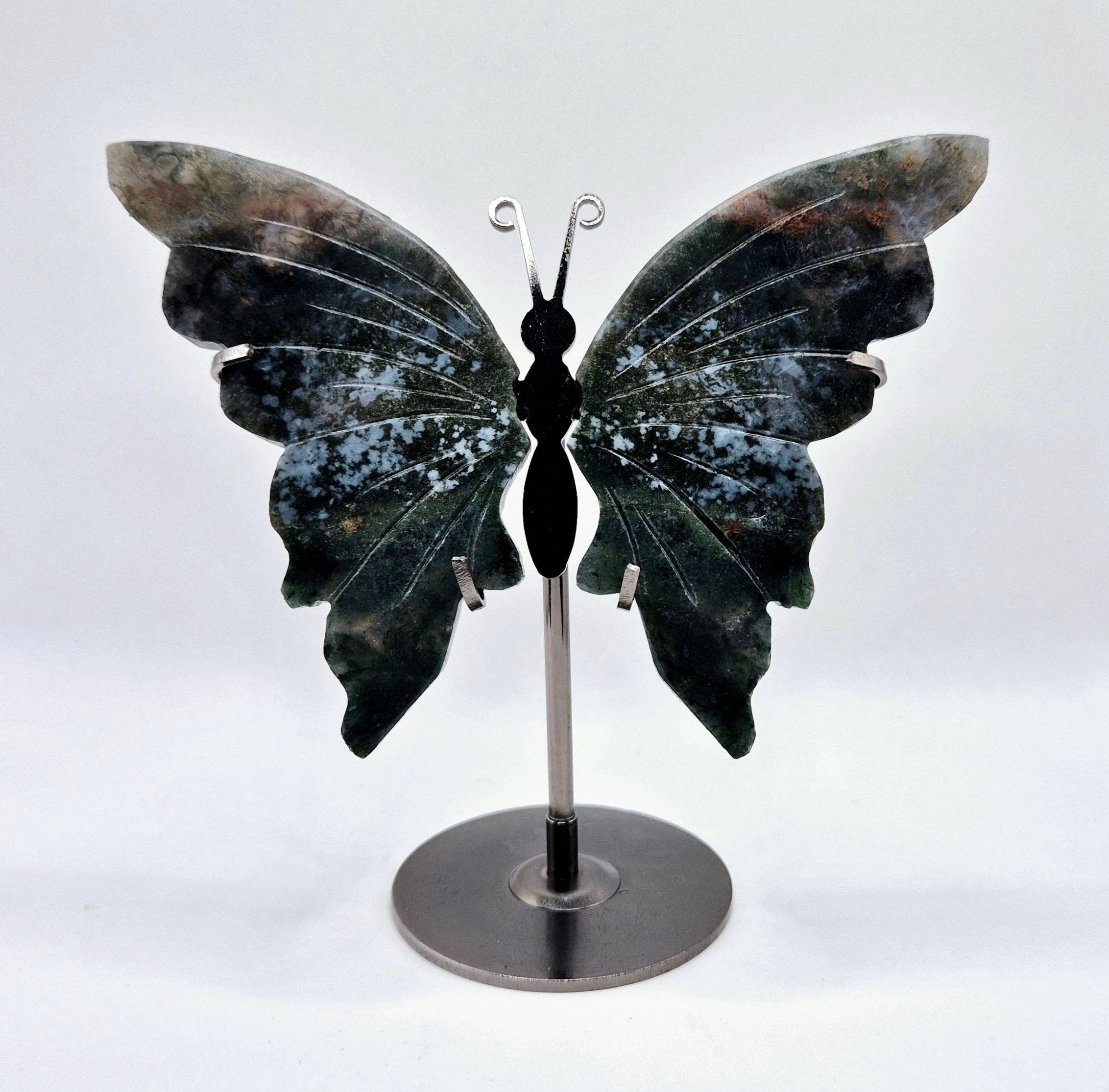 Moonlight Gemstones - Wholesale Decorative Tabletop Object - Moss Agate Crystal Carving with Metal Stand1