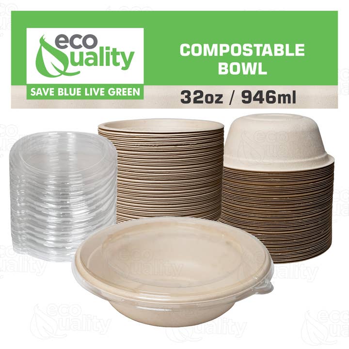 EcoQuality - Wholesale Disposable Plate - 32oz Compostable Heavy Duty Disposable Bowls with Lids, Eco4