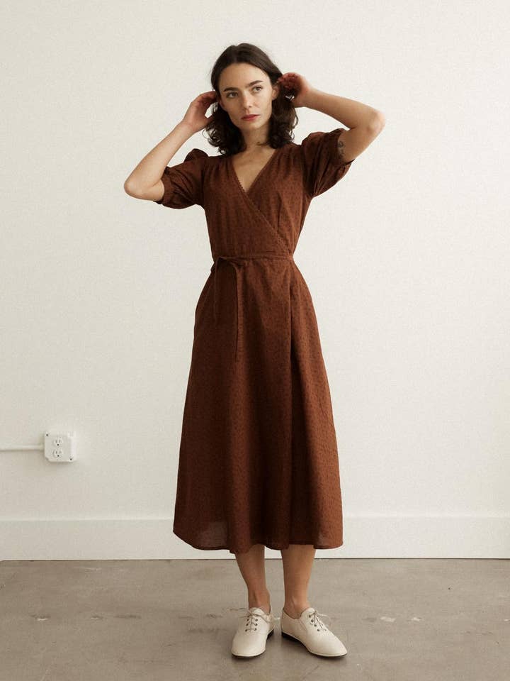 Cotton Brown Floral Wrap Midi Dress - Pemberley Dress for wholesale by Atèlette