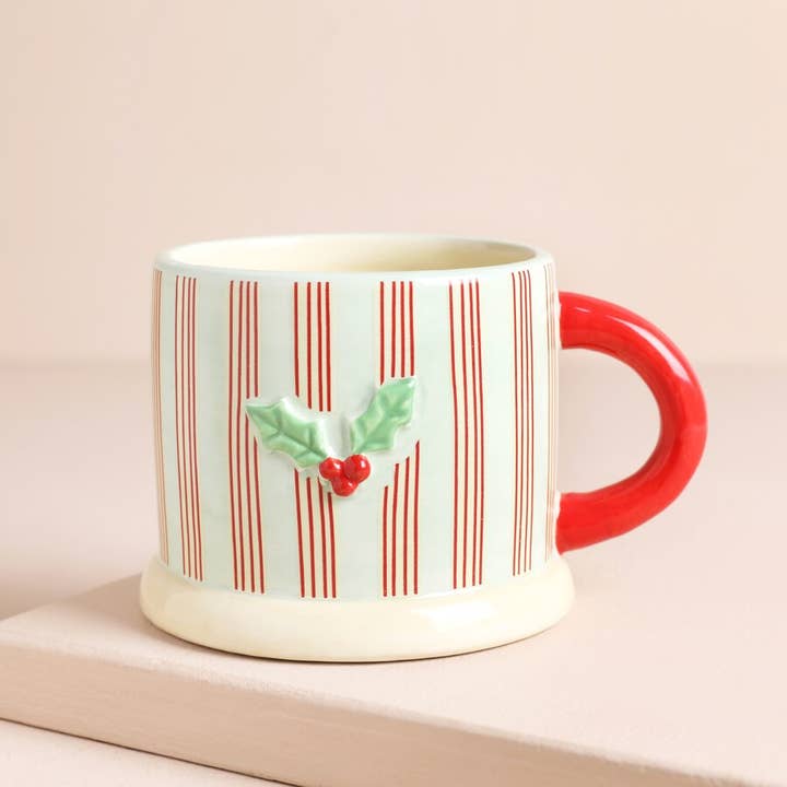 Lisa Angel - Wholesale Coffee/Tea Cup - Ceramic Holly Stripe and Bow Christmas Mug