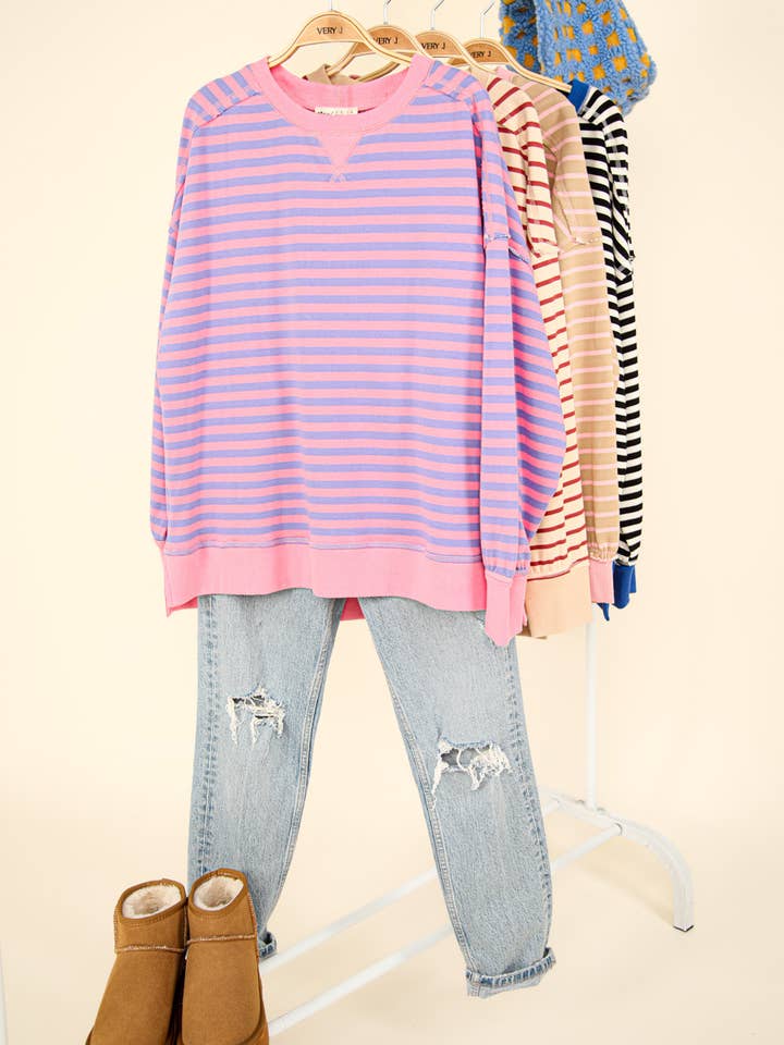 VERY J - Wholesale Knit Top - Women's - NT11927-Stripe Comfy Casual Oversized Knit Top