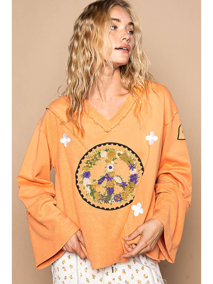 Pol Clothing - Wholesale Knit Top - Women's - V neck long sleeve peace embroidery back ruffle top SALE