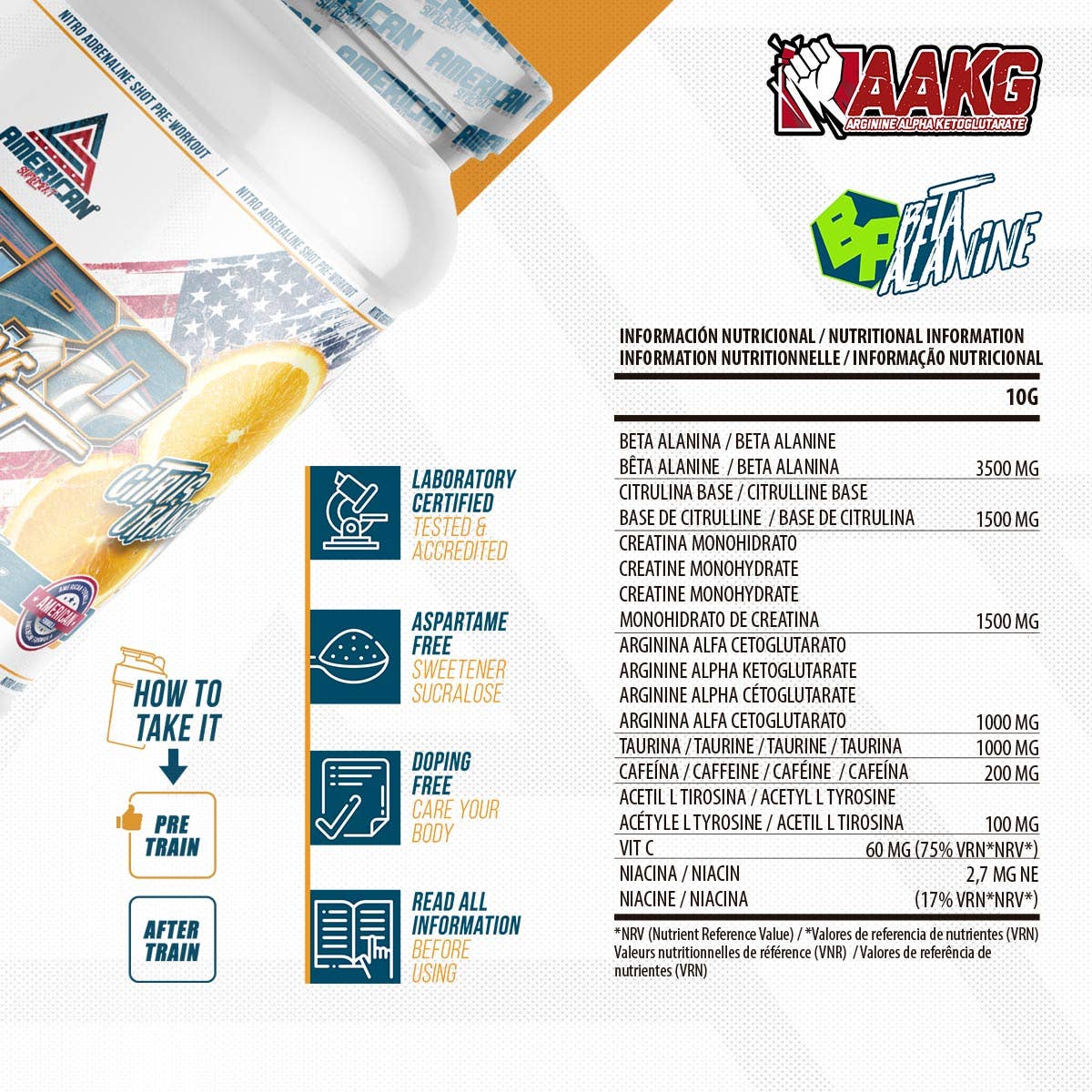 AMERICAN SUPLEMENT S.L. - Venta al por mayor Suplementos/vitaminas para beber - American Suplement Nitro Adrenaline Shot Pre-Work Out 300 gr4