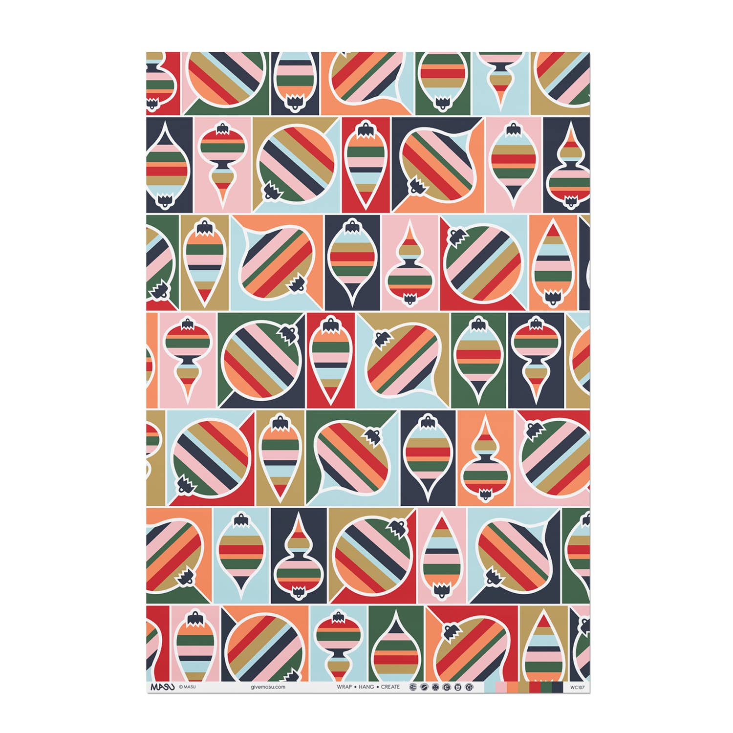 MASU - Wholesale Flat Wrap - Striped Christmas Ornaments Recycled Wrapping Paper4