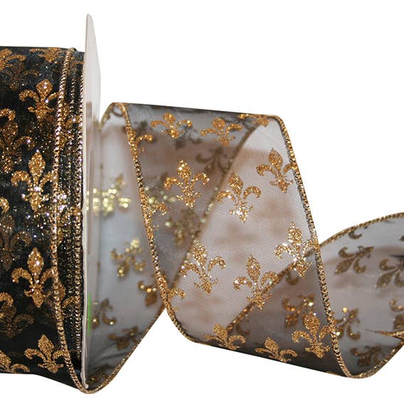 Sheer Fleur-de-lis 2 Wired Edge, Black/gold, 2-1/2 In for wholesale by RELIANT RIBBON