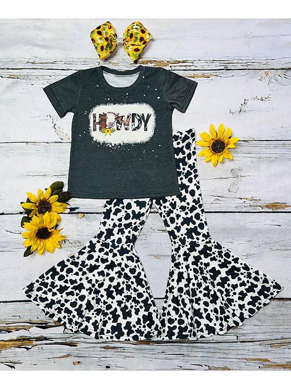 Gray "HOWDY" & cow print 2pc short sleeve set DLH0824-14 for wholesale by luluclothes
