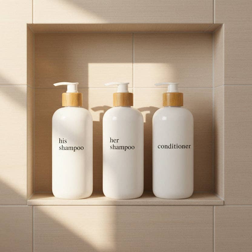 Joie Designs Co. | Refillable Bottles - Wholesale Soap Dispenser - Shampoo & Conditioner Bottle Sets - Refillable | White Dispensers | Bamboo or Plastic Tops9