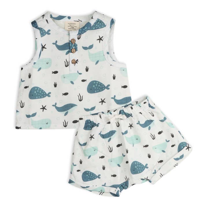 Whales Baby Top + Shorts (Organic Muslin) for wholesale by Viverano Organics