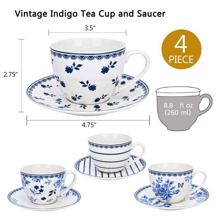 STP - Wholesale Tea Set - Vintage Indigo Porcelain Tea Cup w/ saucer Set of 4, 260 ml2
