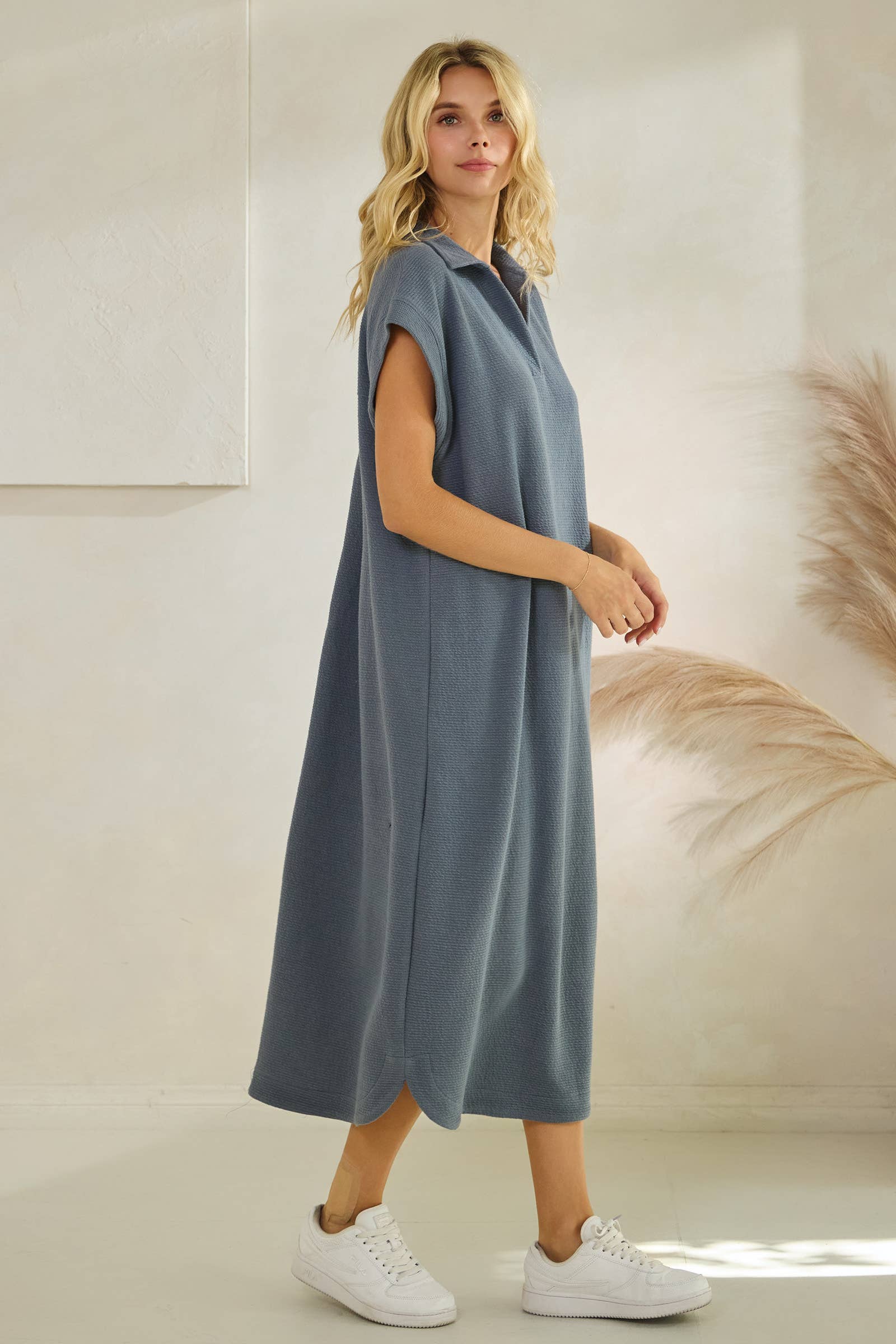 Tres Bien, Inc - Venta al por mayor Vestido - Mujer - Vestido maxi de punto nublado con cuello y manga corta D-41736.6