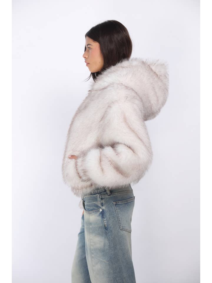 Off White Brown Faux Fur Zip Front Hooded Bomber for wholesale on Faire2