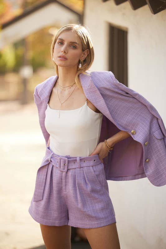 Endless Blu - Wholesale Shorts - Women's - SP3028 High Rise Belted Wide Leg Tweed Shorts8