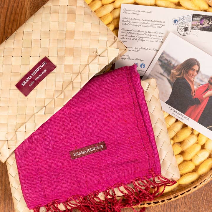 Krama Heritage - Wholesale Scarf - Women's - The Large Textured Fuchsia Krama in its palm leaf case - Woman2