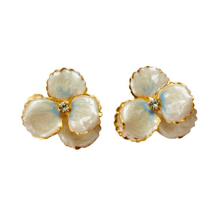 The Pink Reef pearl and blue pansy stud for wholesale by The Pink Reef