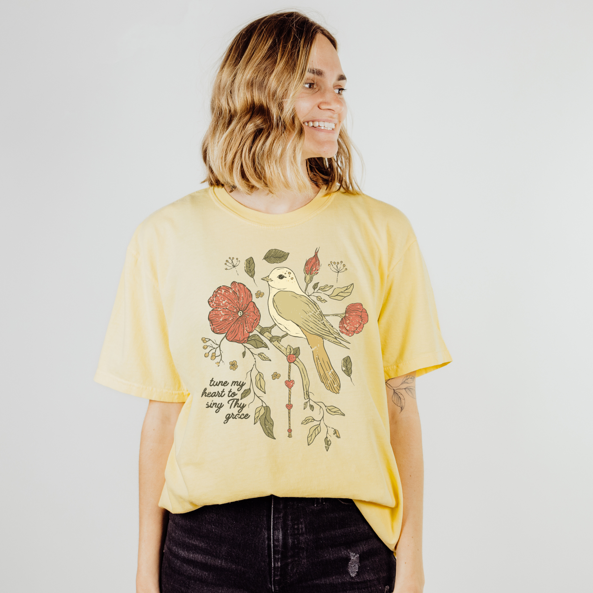 Scripted Pearl - Wholesale T-Shirt (Graphic) - Women's - Tune My Heart with Bird Comfort Colors Christian Graphic Tee5