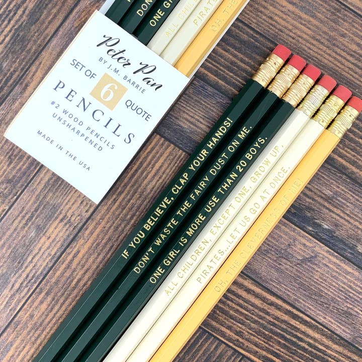 Lit & Whimsy - Wholesale Pencil - Peter Pan Quotes Pencil Set, J.M. Barrie Bookish Gifts