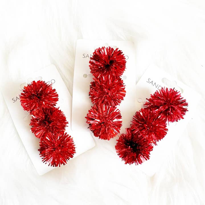 Sandy + Rizzo - Wholesale Hair Clip - Women's - Red Tinsel Party Pom Hair Clip