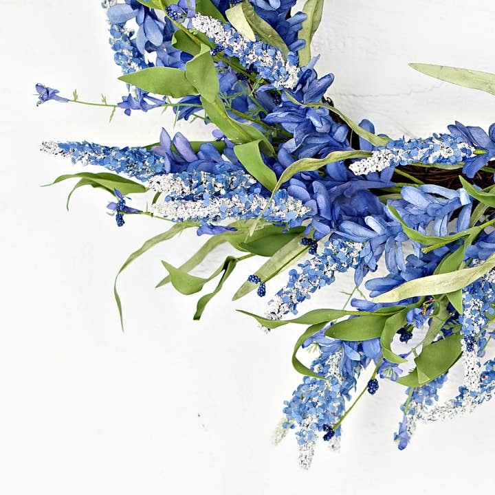 Holiday Depot Inc. - Wholesale Wreath - 35600- 24in Twig Wreath Blue Bonnet Flowers with Heather