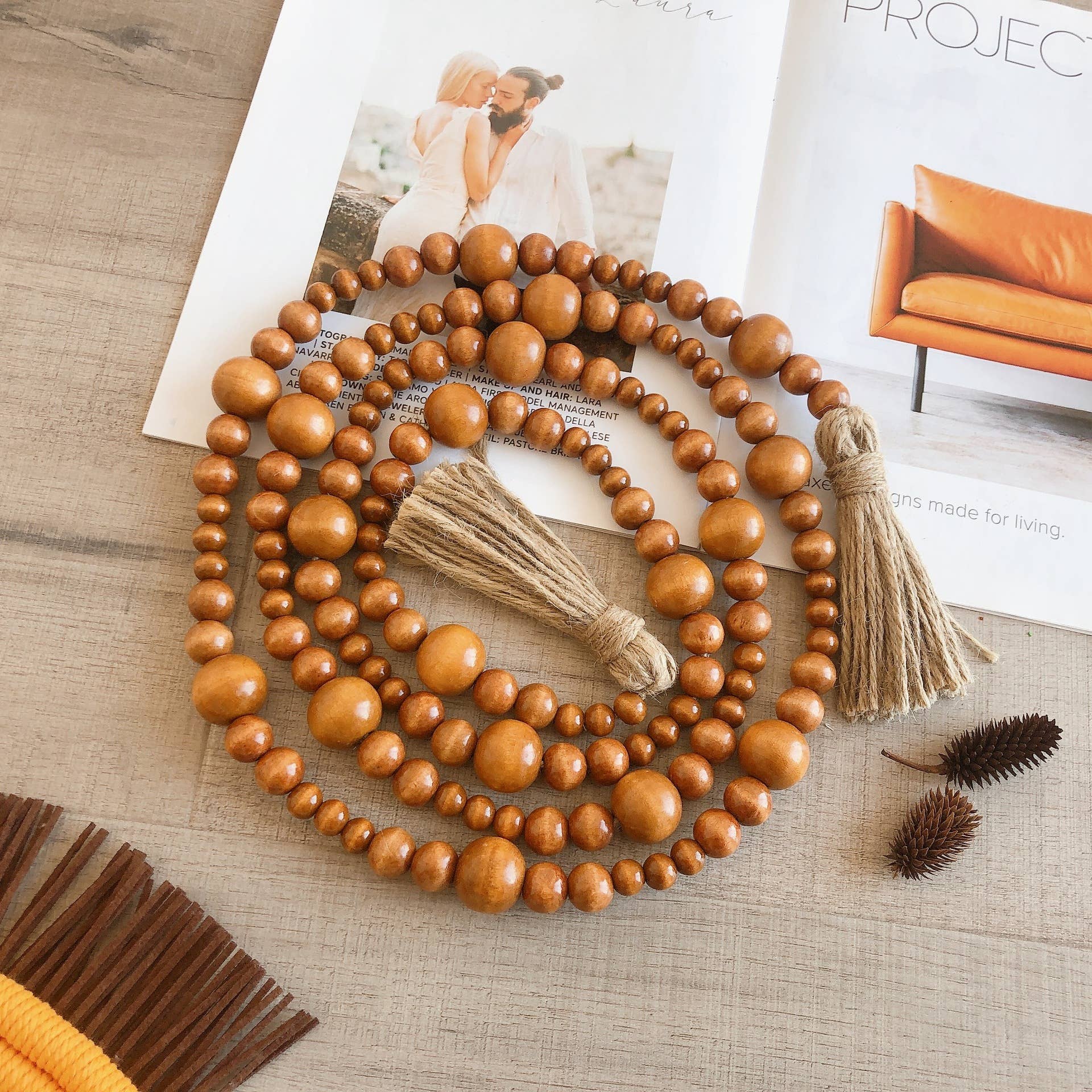 Brown Home Decoration Hemp Rope Tassel Wood Bead String Ornaments for wholesale on Faire0