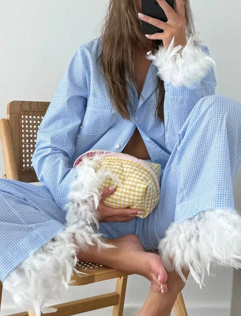 AZSHOP Trading LLC - Vente Haut et bas de pyjama – femme - Ensemble de pyjama long bordé de plumes8