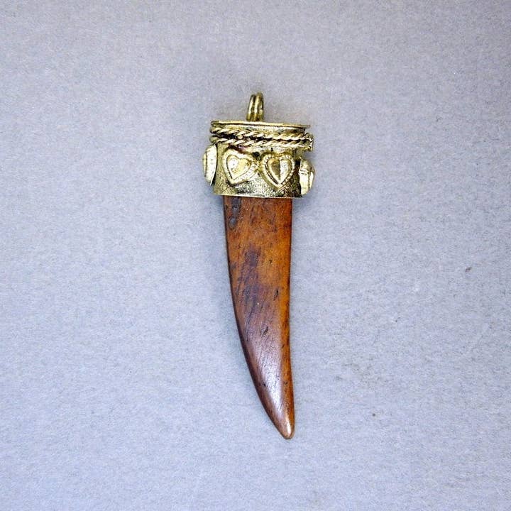 Jewelers Paradise - Wholesale Individual Charm/Pendant - Tibetan Brown Carved Bone Horn Pendant with Engraved Brass