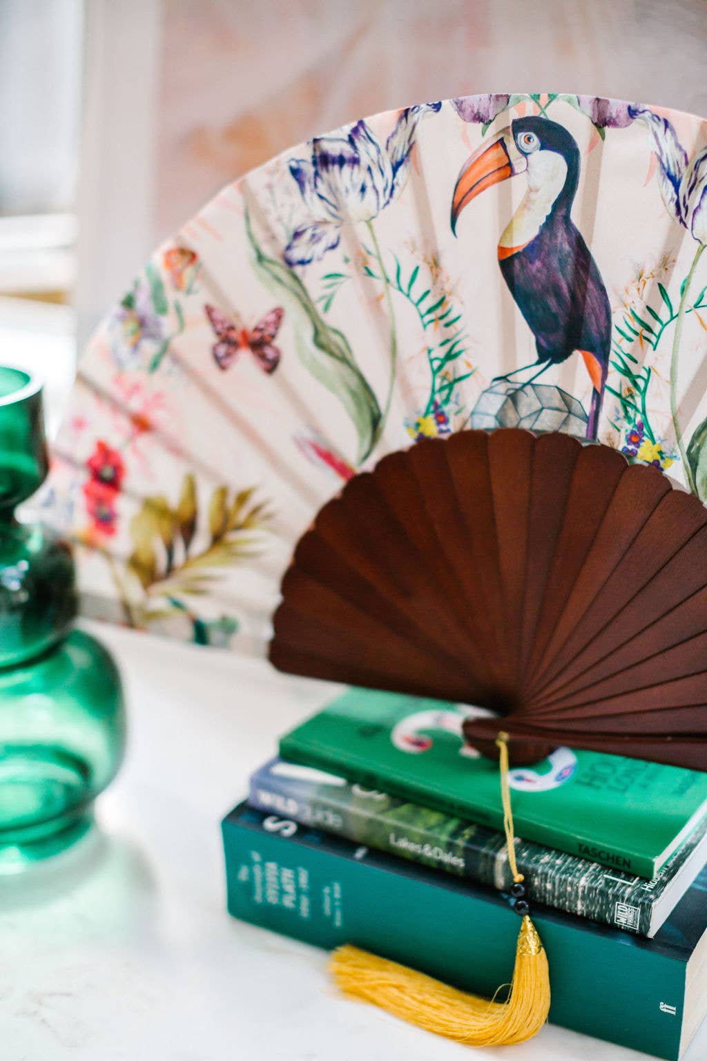 Alice Acreman Silks – wholesale Handheld folding fan – Floral Silk Fan with Toucan design and luxurious Gold tassel1