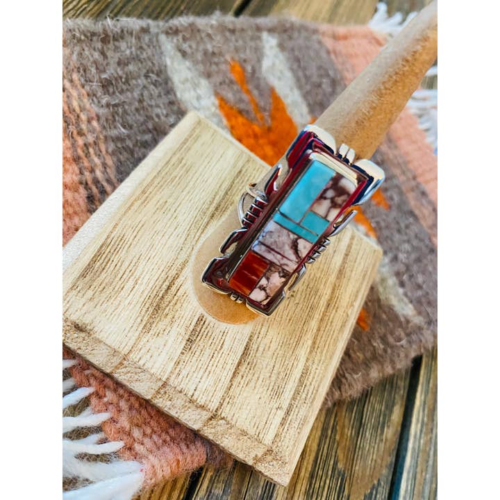 Nizhonitradersllc - Wholesale Cocktail/Statement Ring - Navajo Sterling Silver & Multi Stone Inlay Ring Size 7.75