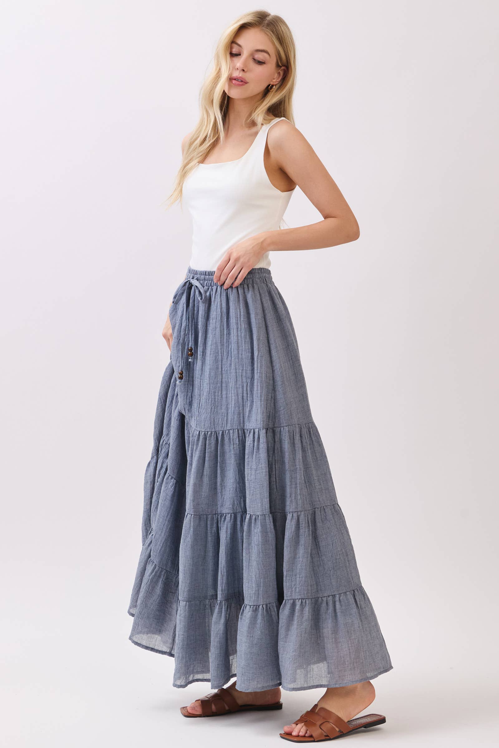 Final Touch - Wholesale Skirt - Women's - Tiered Coconut Tie Detail Maxi Skirt - VS300925