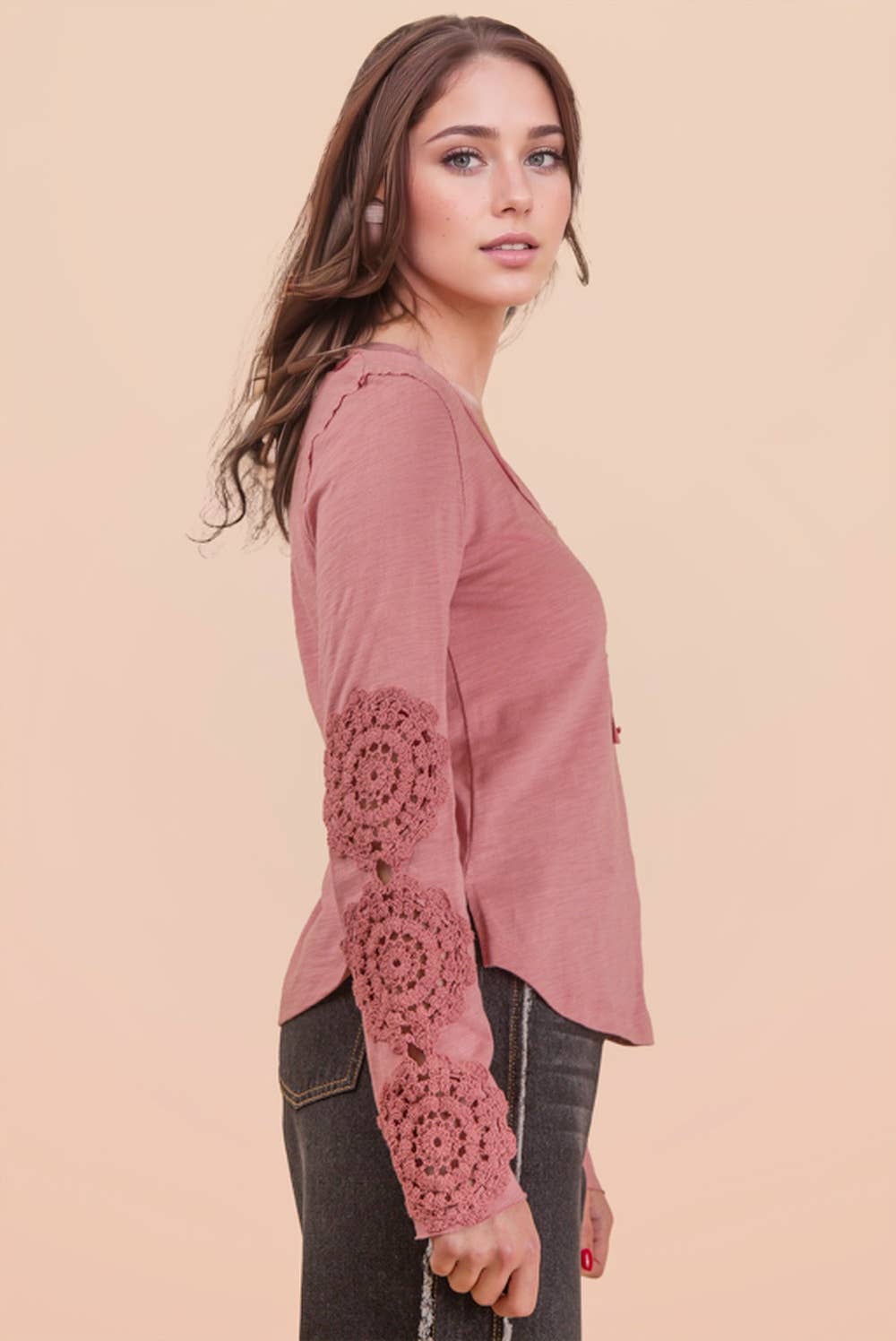 VERY J - Wholesale Knit Top - Women's - NT12252-Sleeve Lace Trim Solid Knit Top4