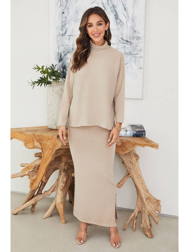 VENTI6 - Wholesale Skirt - Women's - KNITTED LONG SKIRT WITH ELASTIC WAIST BAND(2653-BEIGE)