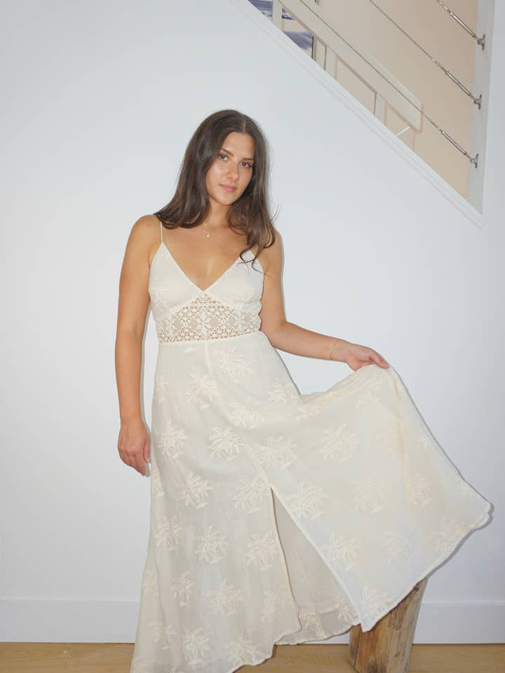 Isabella Dress in Cream Palm Embr for wholesale by NIBI MTK