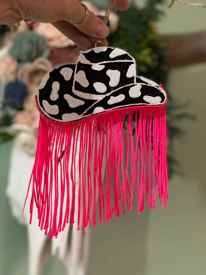 Cow Print Cowboy Hat with Fringe Freshie for wholesale by Sassy Fras Couture
