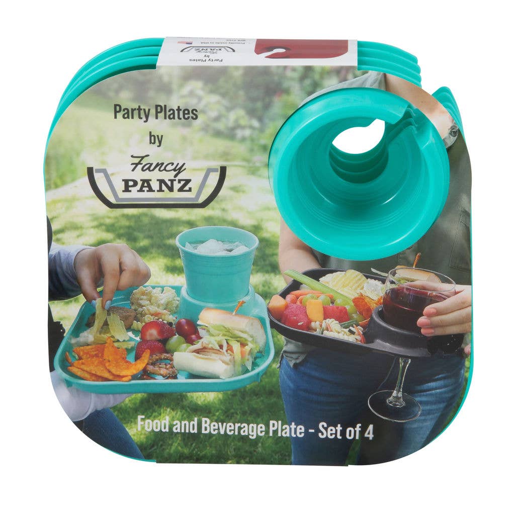 Fancy Panz - Wholesale Disposable Plate - Reusable Party Plates w/ Beverage Holder - Set of 4 - Aqua2