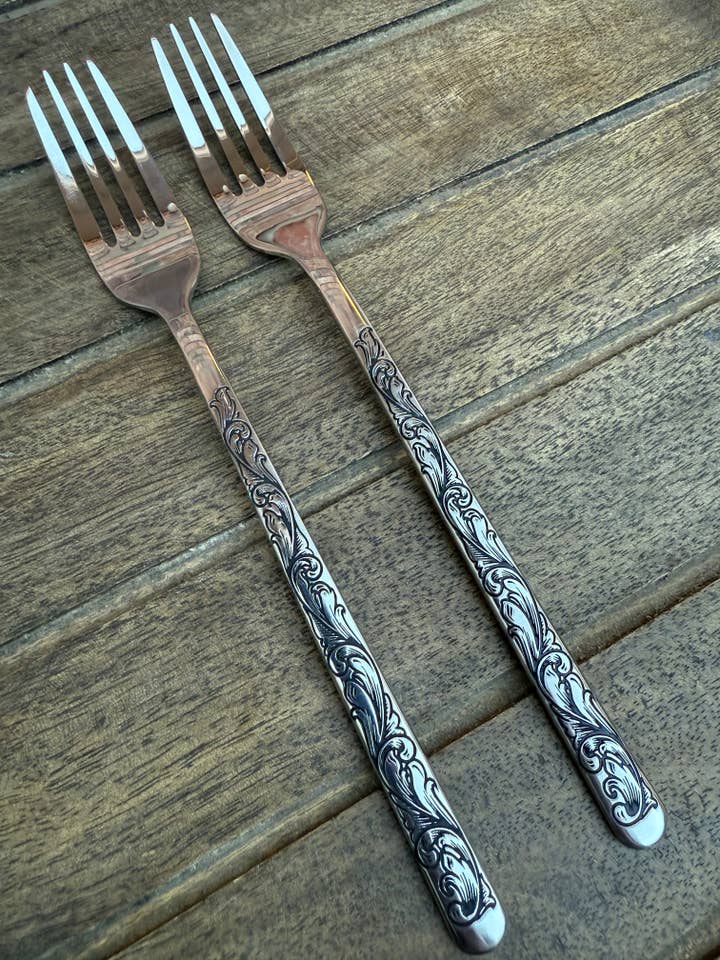 Engraved Cake Forks - Stainless Steel Wedding Cake Fork Set for wholesale by Boles silver, LLC