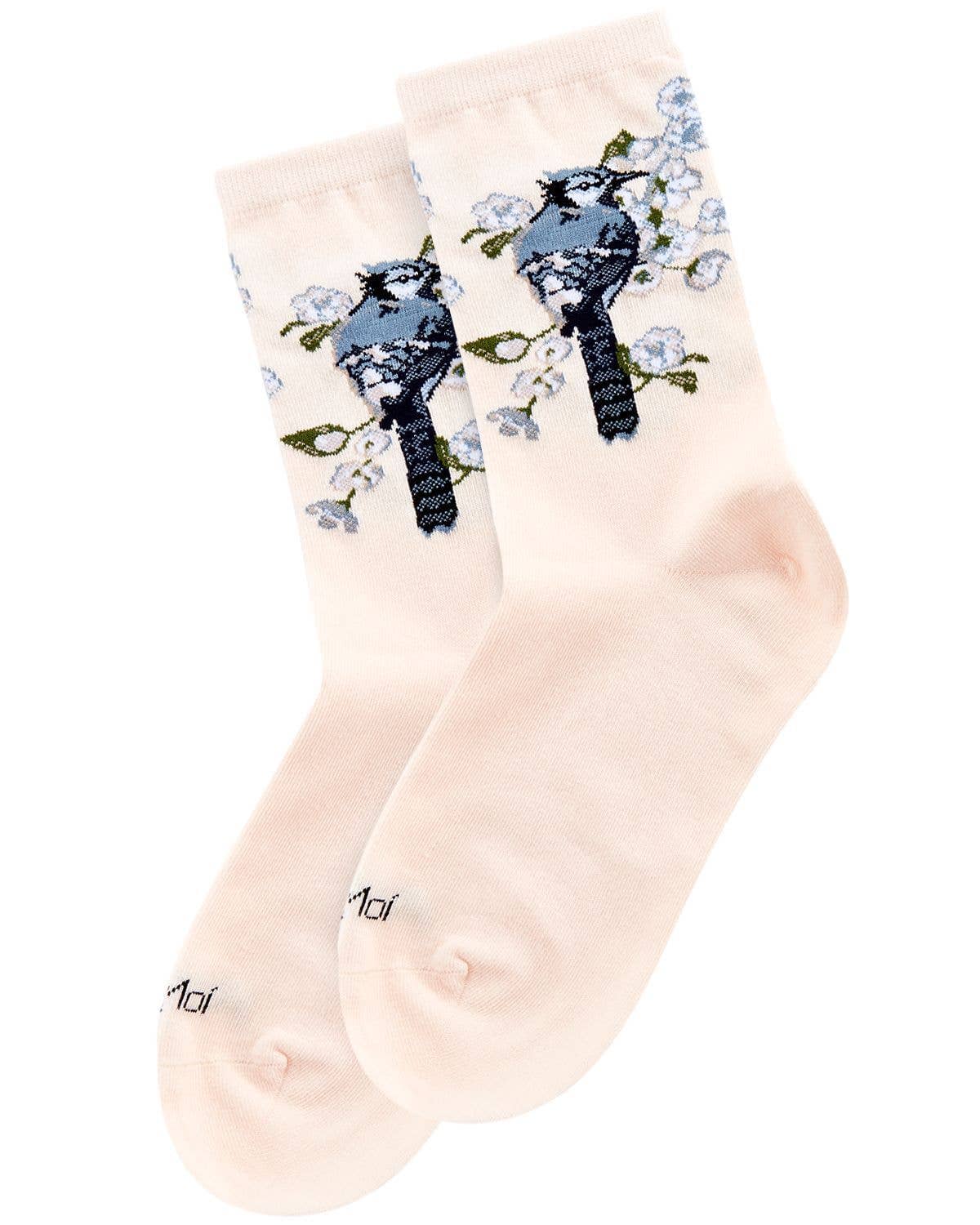 Blush Pink MeMoi Blue Bird Limited Edition Crew Socks for wholesale on Faire2
