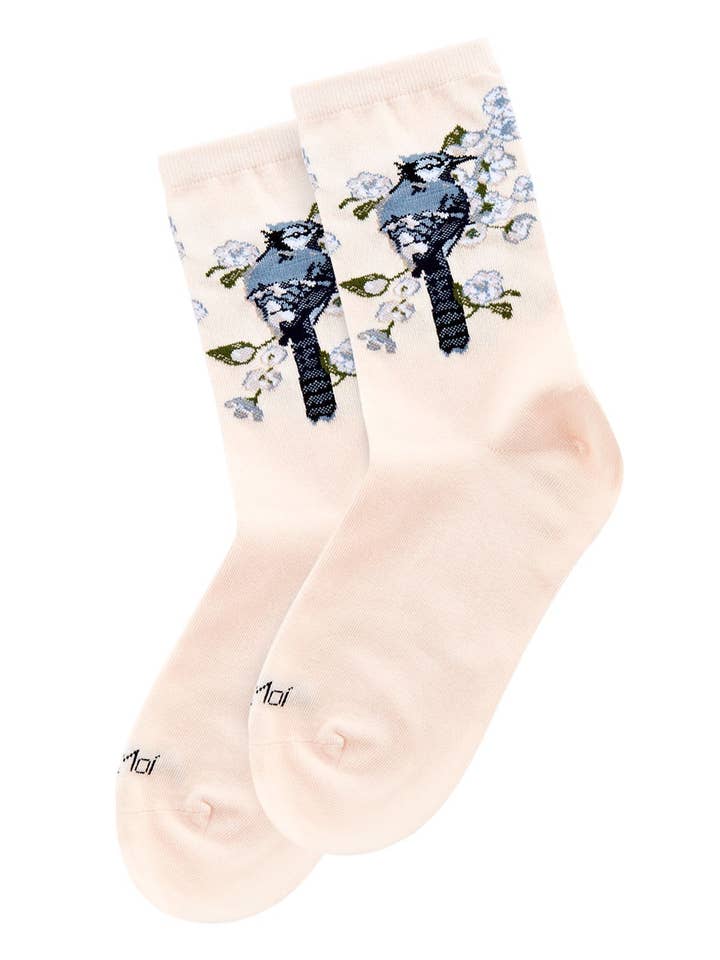 Blush Pink MeMoi Blue Bird Limited Edition Crew Socks for wholesale on Faire2
