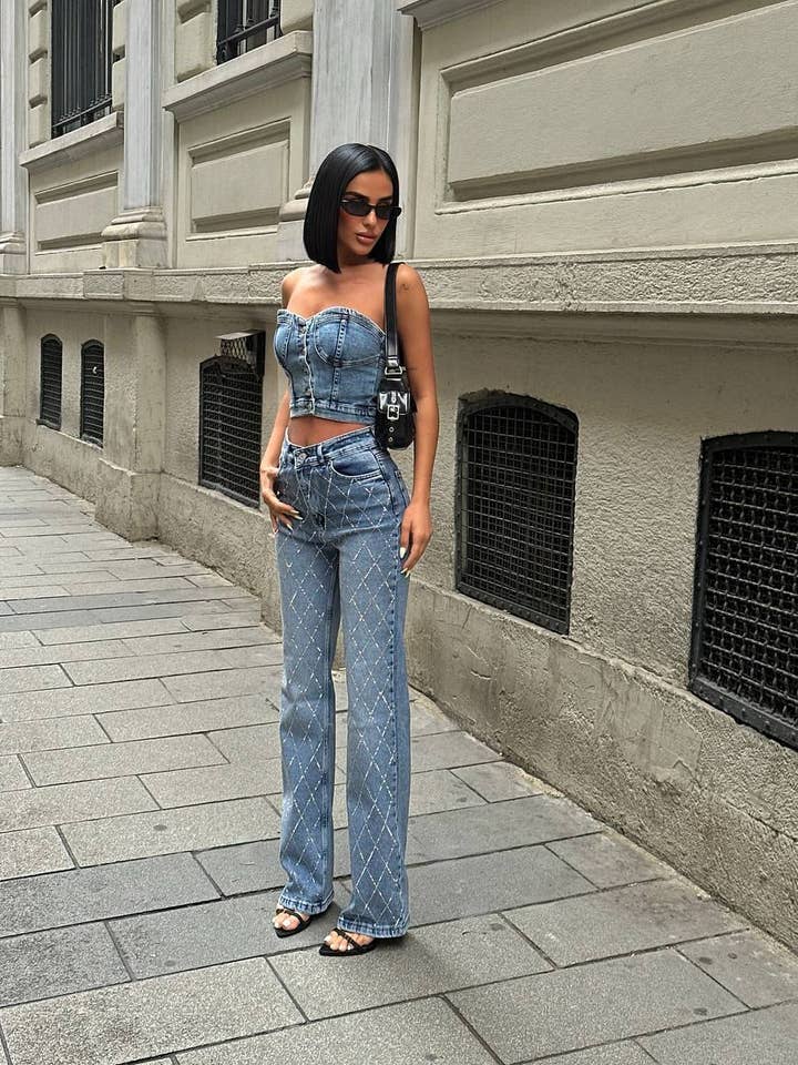 Kvinders Rhinestone Lycra palazzo Høj Talje Glitrende Jeans for engroshandel hos Shebelle