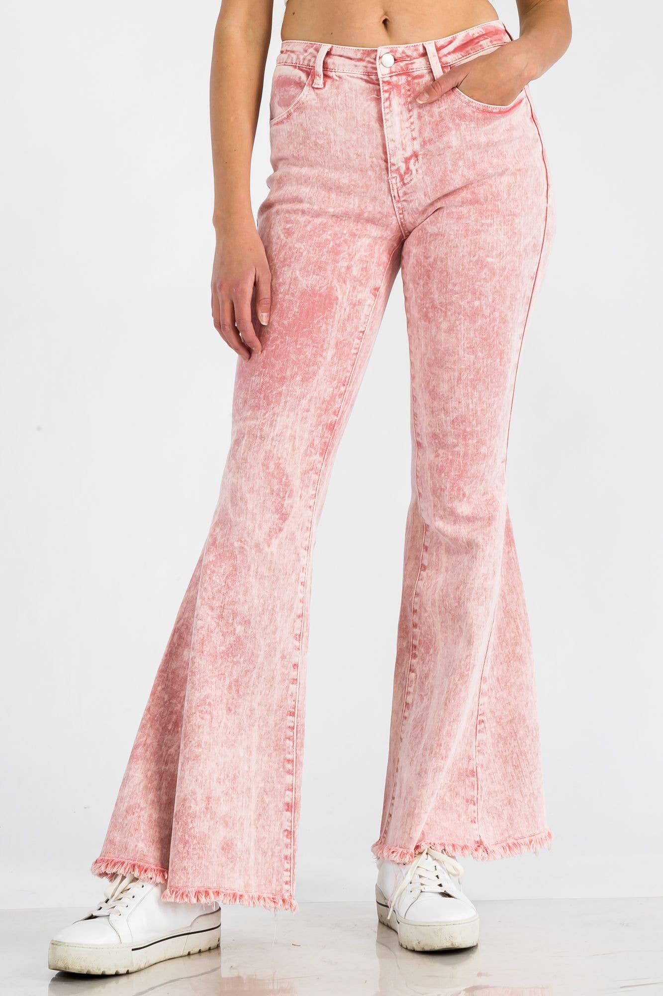 BNS - Wholesale Jeans - Women's - Acid Denim Bell Bottom Pants with Pockets Pink5